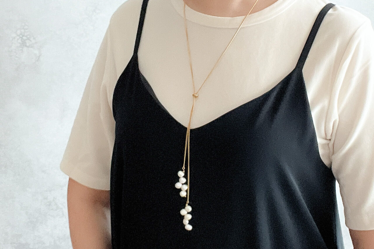 淡水パールとステンレスラリエットネックレス