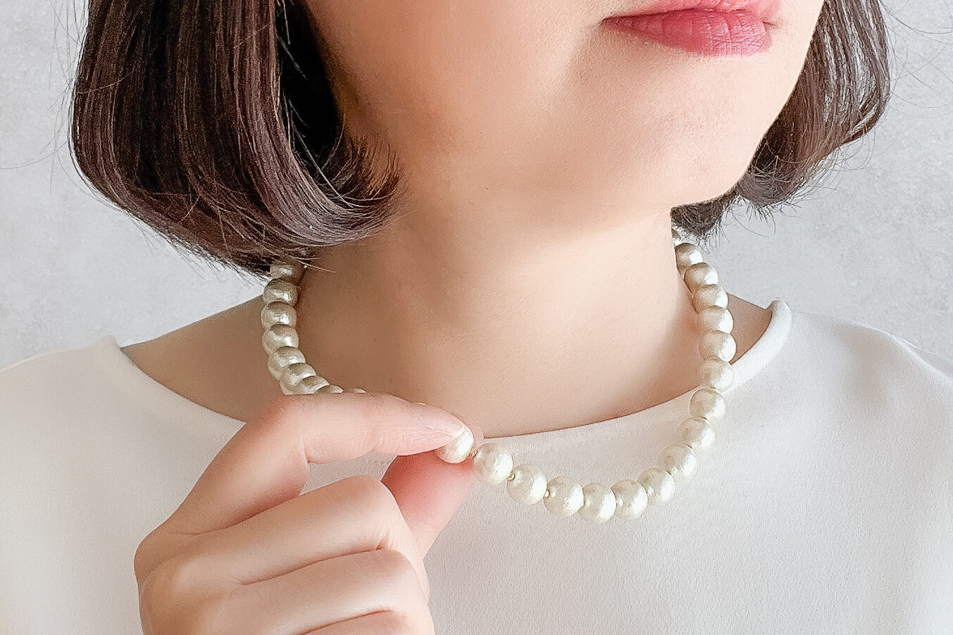 大きめコットンパール ネックレス(10㎜玉 40㎝、シルバー)